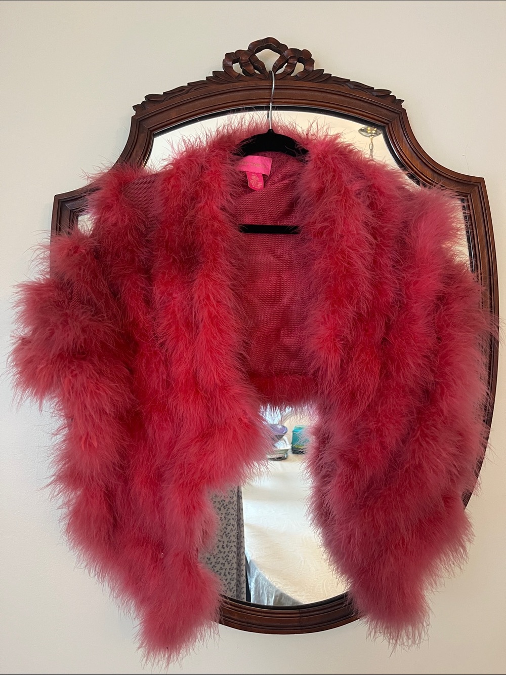 Betsey Johnson Maranou Pink Feather-Trim Sweater Shrug/Stole EUC Vintage